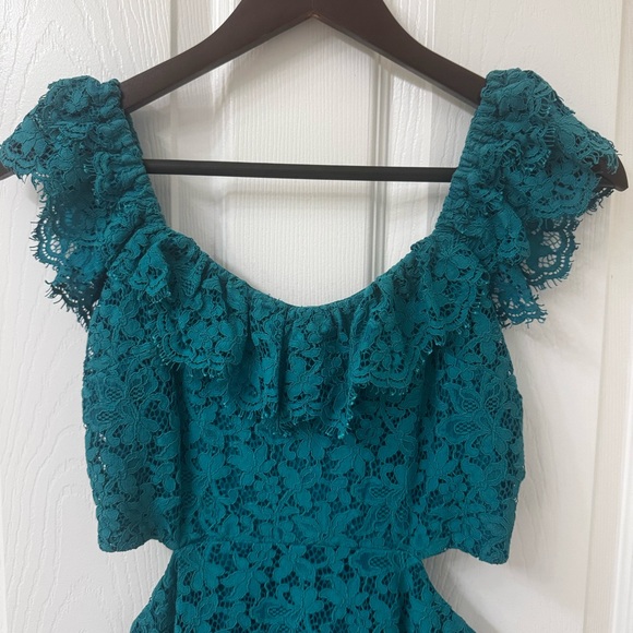 Express Teal Off-Shoulder Lace Midi Dress - Picture 3 of 6